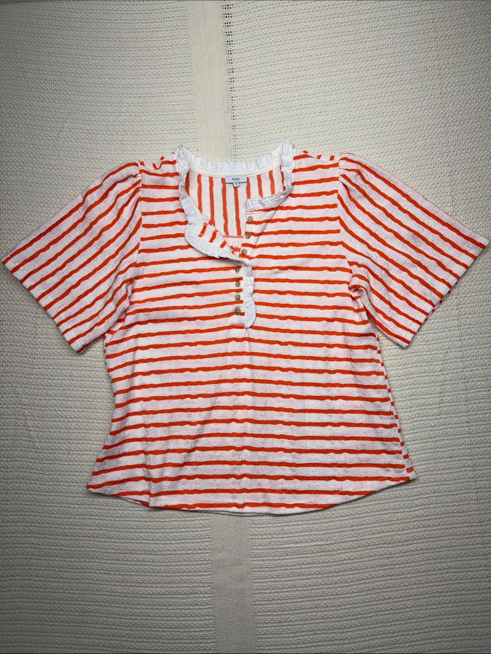 Striped Short-Sleeve Ruffle Henley Top - Orange/White